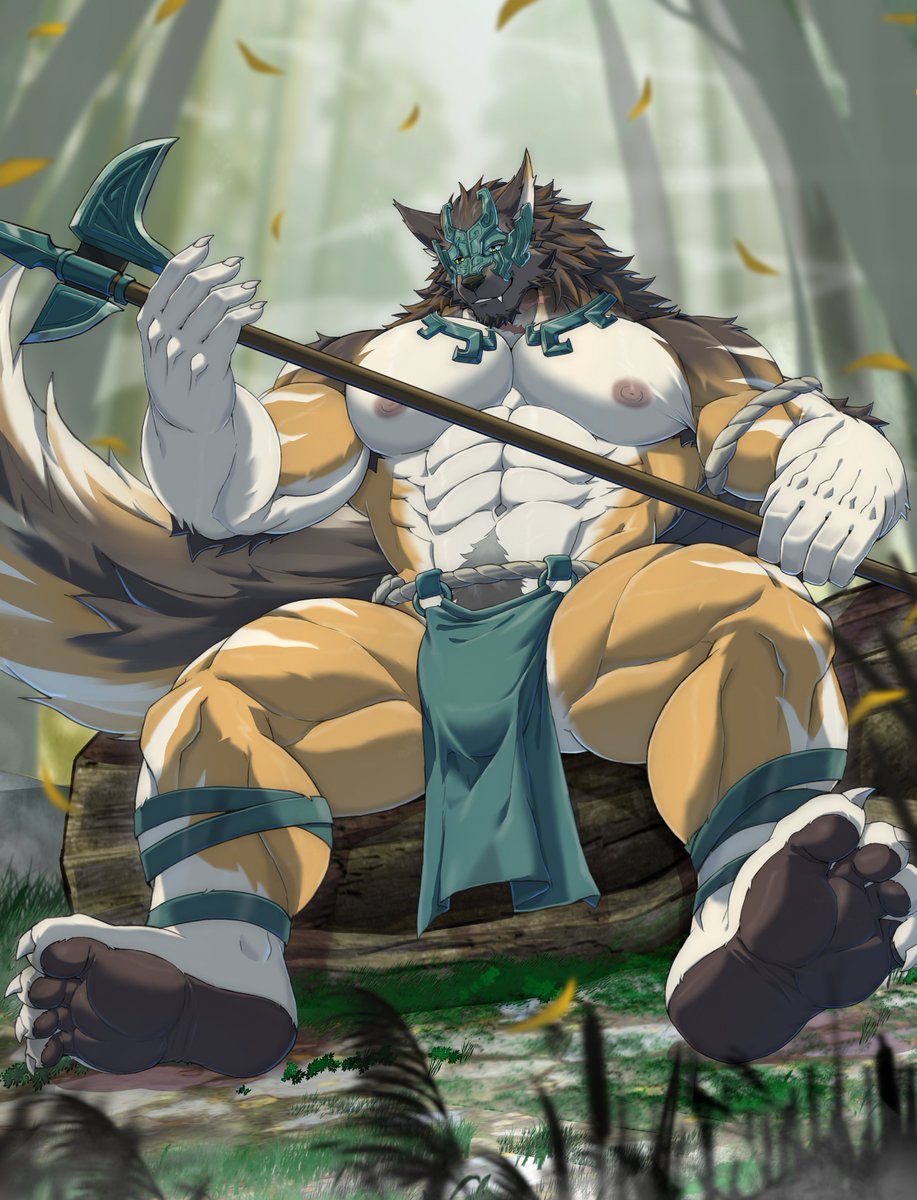 Katul_Arvakh's tweet photo. (卡圖爾正悠閒地保養著他的長柄武器，厚實的肉腳與銳利的腳爪隨意地伸展著。只不過，腰布底下的另一把『武器』似乎也有些不安分……) 
「嗯？你站在那邊幹嘛？」
「……喔，想看我的傢伙啊？嘿嘿，過來啊。」 https://t.co/wd2CY8RNTx