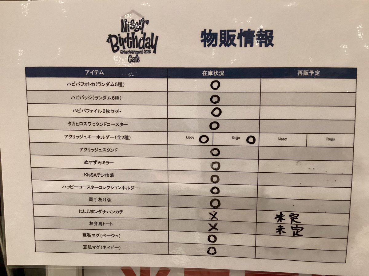 globalgatebox's tweet photo. 9/28(月)
 「Nissy Birthday Entertainment 2026 Cafe」名古屋会場

空席情報のご案内です🎂
当日席が○の回でも状況により×になることがございます。
あらかじめご了承ください。

カフェの詳細・ご予約はこちらから！

https://t.co/3wz2aCxDit

オープン時点でのグッズ販売状況もご案内致します。 https://t.co/pxmfWC6Yuv