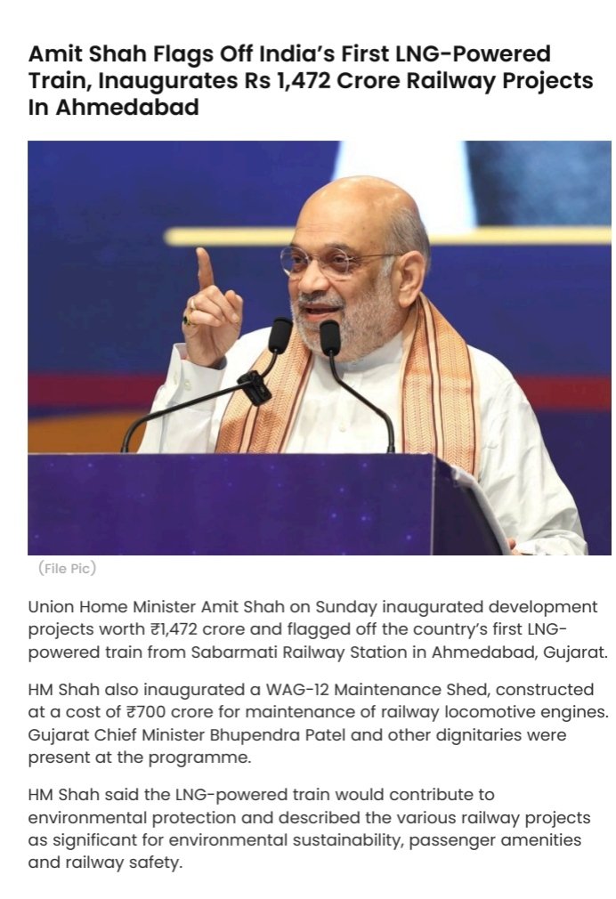 h_pongilath's tweet photo. Amit Shah flags off India’s first #LNGpoweredtrain , inaugurates ₹1,472 crore railway projects in #Ahmedabad . He said #Railway electrification had expanded significantly, from about 30% before 2014 to 99.6% currently, with the remaining 0.4% expected to be completed soon. https://t.co/w8jCknTtOR