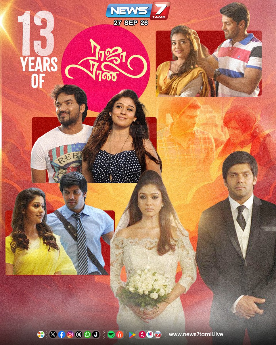news7tamil's tweet photo. 13 YEARS OF ராஜா ராணி!
#RajaRani | #13yearsofRajaRani | #Arya | #Nayanthara | #Atlee | #News7Tamil https://t.co/BAx6sRwxFv