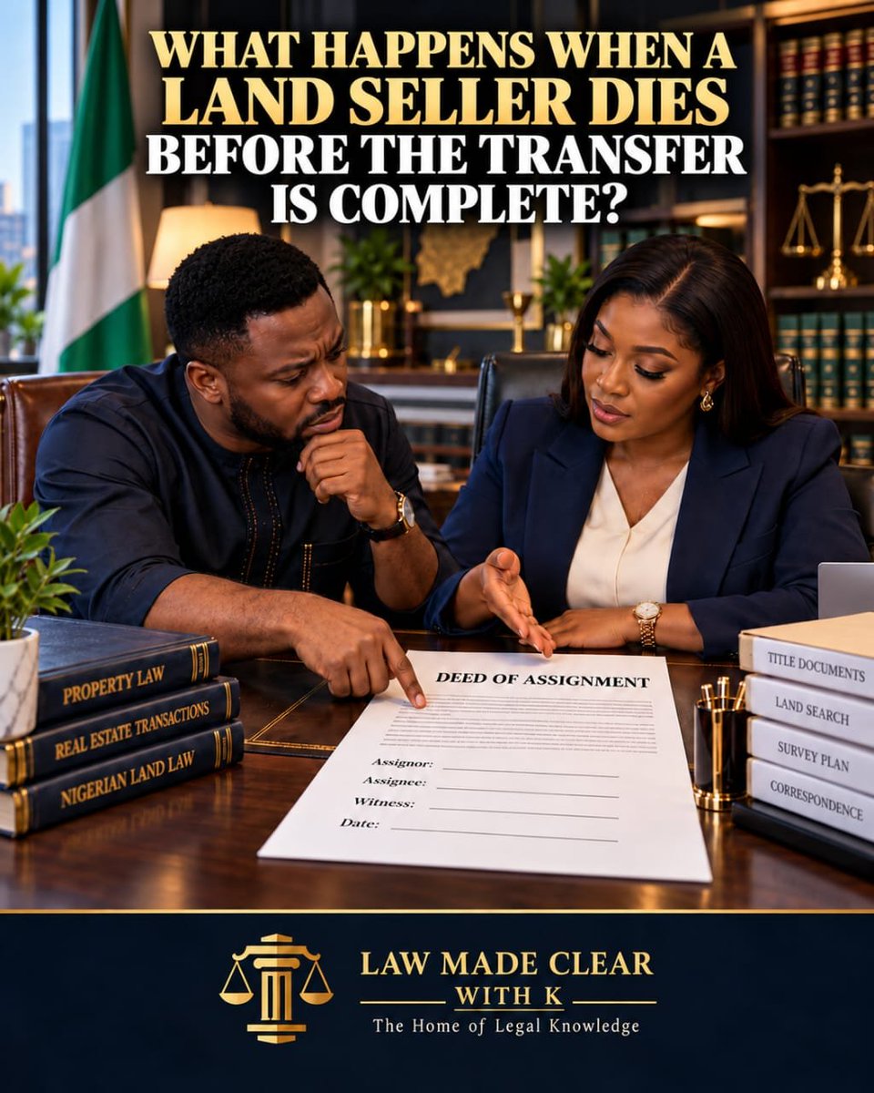 Lawmadeclear's tweet photo. You paid for the land, signed the agreement, and took possession. Then the seller dies before the Deed of Assignment is executed.

Does that mean the transaction is over? 

What happens to the buyer’s interest?
https://t.co/HQUfLFGYOW https://t.co/U8ZhZi7UNB