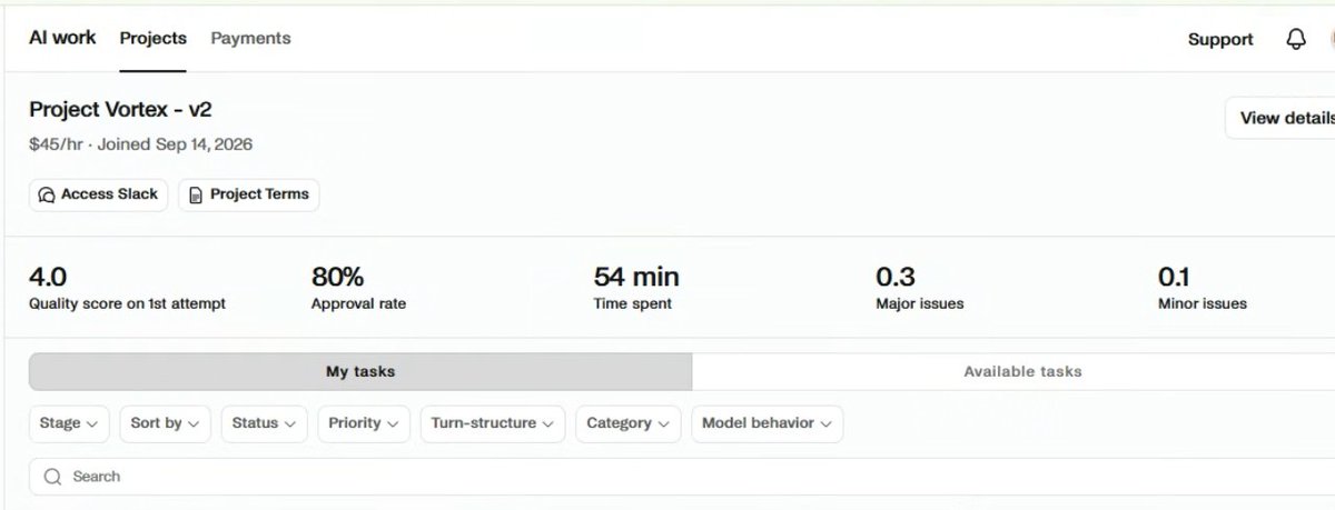 BagChaserXJ's tweet photo. I don't think anyone on the AI training side of Twitter has better Project Vortex stats than me. 👀

Quality score: 4.0
Approval rate: 80%
40+ approved tasks

If you think you've done better, drop the proof. 😂

Let's see those stats. 🫡🔥