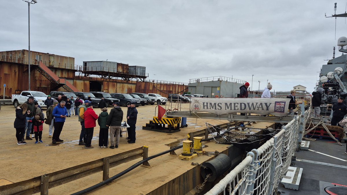HMS_Medway's tweet photo. Yesterday HMS MEDWAY opened her gangway to the people of Stanley. Visitors came aboard to see how we live, work and operate around the Falkland Islands. A chance to show our appreciation for the community’s support and strengthen our close ties with the people of the Islands. https://t.co/sfF026oI29