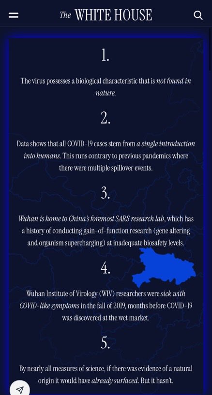 DeepLeaksHQ's tweet photo. 🚨 HOLY CRAP! The White House just updated https://t.co/kiJ0XpSO9S to a website outlining how COVID originated from a Chinese lab leak

And they EXPOSED Dr. Fauci’s efforts to cover it all up.

Trump was right again, of course. https://t.co/hxf7gzS7Z5