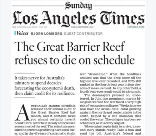 BjornLomborg's tweet photo. The Great Barrier Reef's obituary has been written again and again. But the patient didn't comply.

The five best years for coral cover in the monitoring record are the five most recent. 

Yet while every setback generates headlines, recoveries receive far less attention.

From my latest newsletter: 
https://t.co/KiDew0LYGb

Sign up here: https://t.co/auvuXxSvg1