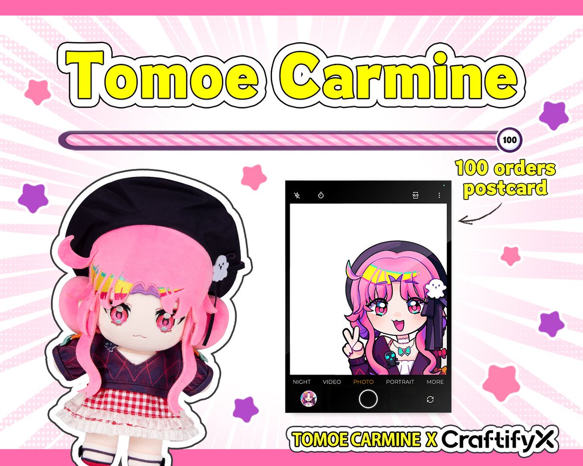 TomoeCarmine's tweet photo. Thank you guys again for the support on this plushie!! 
If we reach 100 orders there will be a cute transparent postcard added to every order FOR FREE! 🙏🩷
I drew the art for it myself!!!! 🎨🫣 https://t.co/sgJpreDaCA