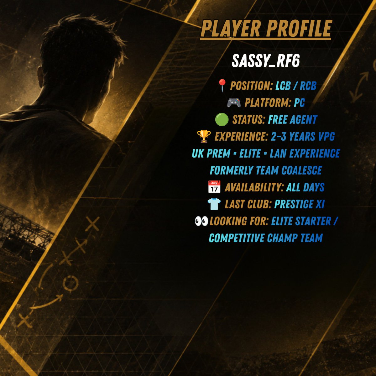 VPGAgency's tweet photo. 🚨 FREE AGENT PROFILE

🛡️ SASSY_RF6
📍 LCB / RCB
🎮 PC
🏆 VPG Prem &amp; Elite experience
🟢 FREE AGENT

Interested? Managers can contact VPG Agency to make the introduction. 🤝

💬 Join the Discord: https://t.co/H8KYzkKMzR https://t.co/5X0LyudY7o