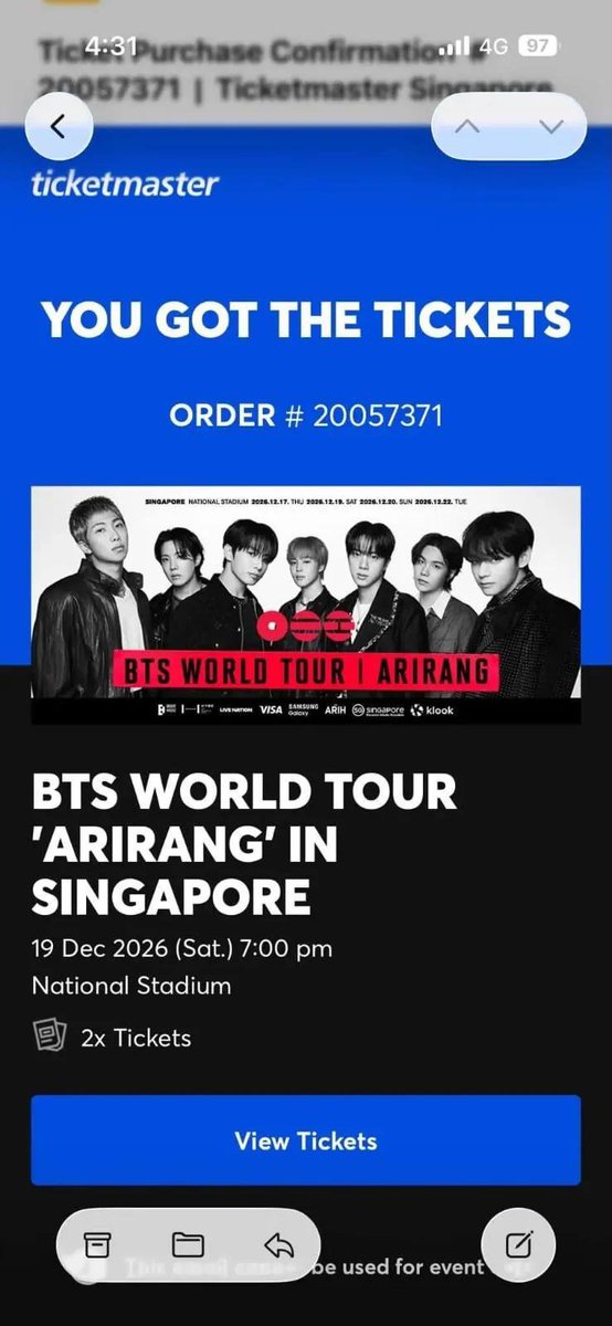 jars2334's tweet photo. WTS | BTS SINGAPORE πΈπ¬
ποΈ 2 Tickets Available
π
19 December 2026
π National Stadium, Singapore
πΊ Section 102
π° $550 each
β¨ Great seats β grab yours before theyβre gone!
π© DM if interested. Serious buyers only.
#BTS #BTSARMY #BTSSG #BTSSingapore #BTSArirang https://t.co/jE1pUd1v50
