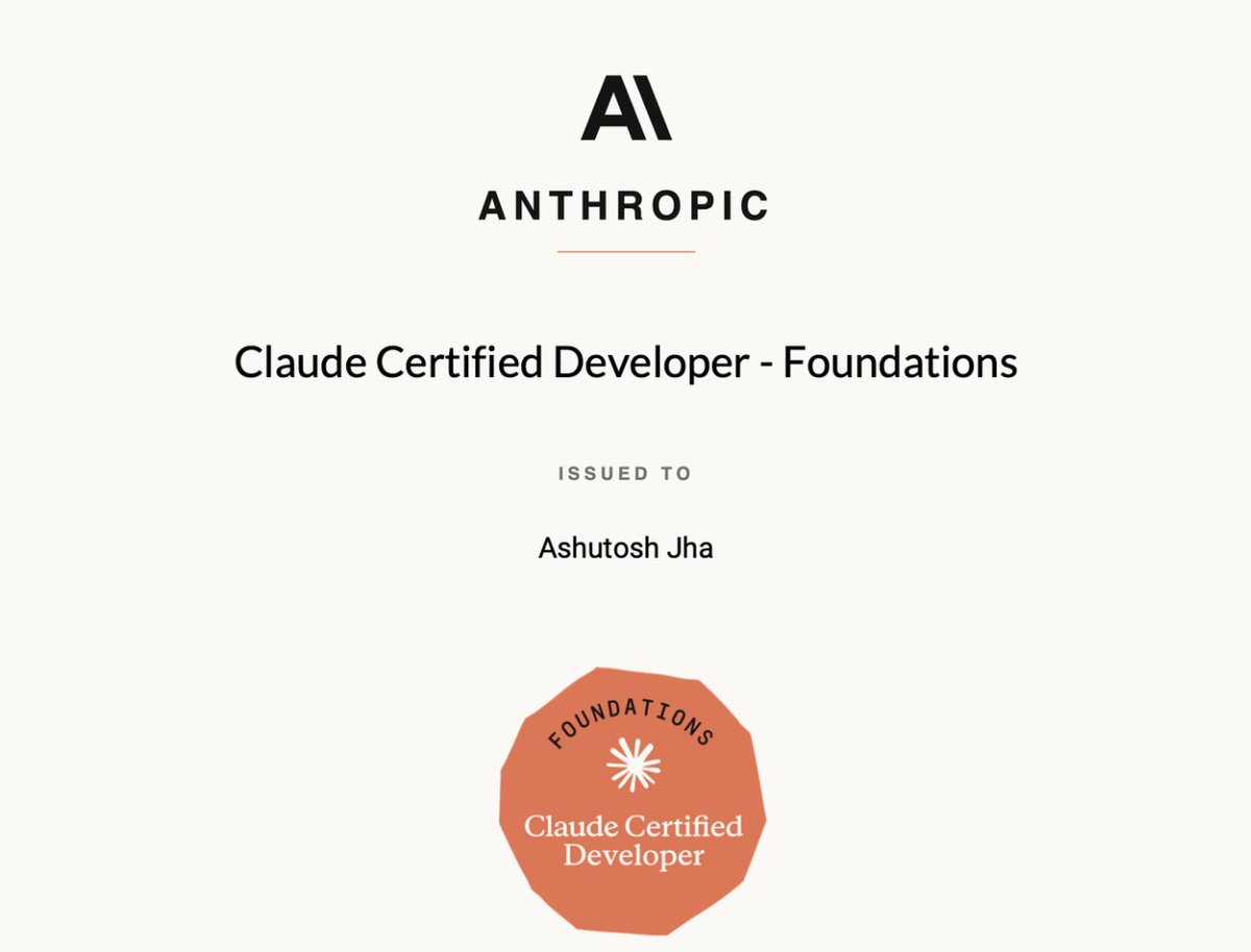 ashutosh887_'s tweet photo. Cleared Claude Certified Developer - Foundations today.

It's the builder cert - Claude API, Claude Code, custom tools, MCP servers, and shipping agents that actually work in production.

Thank you @DeepdevVyas for the help getting this over the line.

If you're building with Claude: what's still the hardest part for you?

API, agents, MCP, evals, or security?

Ask below. I'll answer what I can.

@pearson @AnthropicAI @claudeai @credly