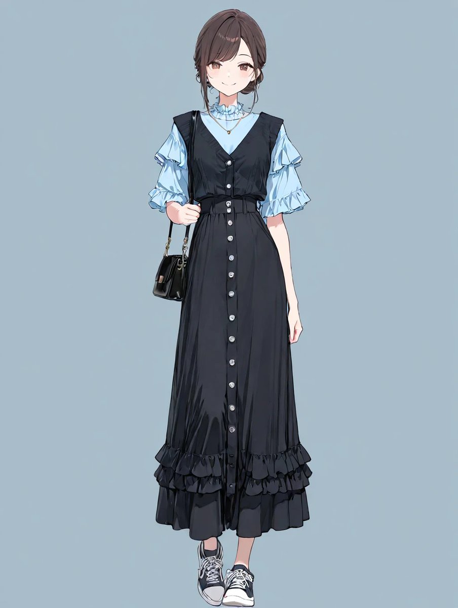 huku_ken_ai's tweet photo. 出力にブレありですがvestの形が気に入っています。

服装部分のプロンプト
light blue shirt, short-sleeve button-up shirt, layered outfit, black vest, ruffled collar, v-shaped ruffle overlay, necklace, black long skirt, straight skirt, high waist, black handbag, sneakers

#AIイラスト https://t.co/45ie3rrHfv
