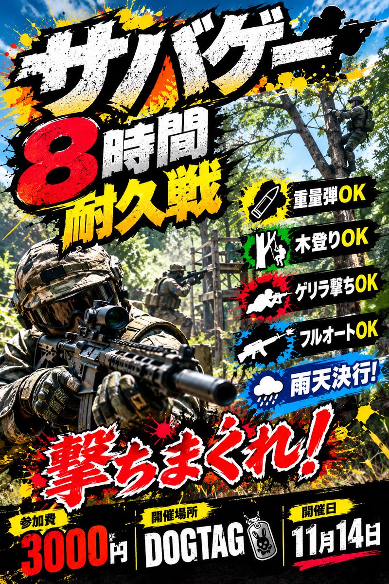 DOGTAG2024's tweet photo. 11月14日DOGTAG8時間耐久サバゲー開催
ルール　ドミネーション、フィールド内に設置された拠点を確保、1時間ごとに点数計測をし、累計が多いチームが勝利
スナイパーはマーカー免除
10時ゲームスタート
18時ゲーム終了
＃dogtag
予約ホームはこちら↓
https://t.co/im7unpfcv1 https://t.co/vt7hllxivP
