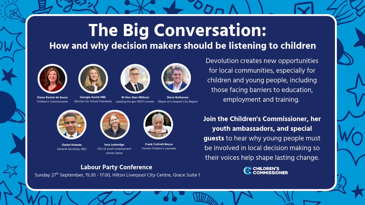 ChildrensComm's tweet photo. Join us at #Lab26 for The Big Conversation on the opportunities devolution can unlock for young people, and why children must be central to decision making.

@Georgia_Gould @alanmilburn1958 @MetroMayorSteve @DanielKebedeNEU Iona Ledwidge @frankcottrell_b and my Youth Ambassadors. https://t.co/8zk8PGXfex