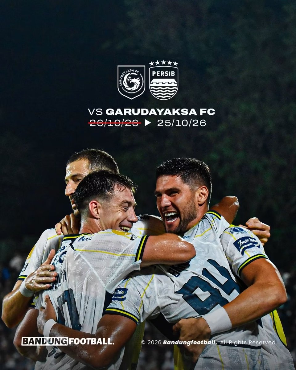 bandungfootball's tweet photo. Jadwal away Persib ke kandang Garudayaksa FC dimajukan sehari, dari 26 Oktober 2026 menjadi 25 Oktober 2026 👁️👁️

Madura (A) ▶️ 22 Okt
Garudayaksa (A) ▶️ 25 Okt
Melbourne Victory (H) ▶️ 28 Okt

🫡🫡

#BandungFootball #BFCOM #Persib #Bobotoh https://t.co/5JZPGxxvE1