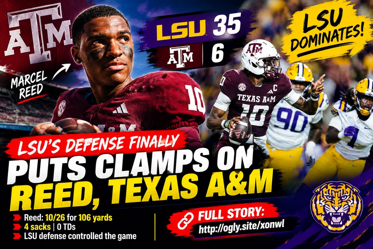 wexlerkim35's tweet photo. 🚨 LSU’S DEFENSE SHUTS DOWN MARCEL REED!
LSU completely contained Texas A&amp;M QB Marcel Reed in a dominant 35–6 victory. Reed finished just 10-for-26 for 106 yards. KPRC
👉 Full story: https://t.co/MQEqwByXMP
#LSU #TexasAM #CollegeFootball #CFB #SEC https://t.co/taCQLyuitU