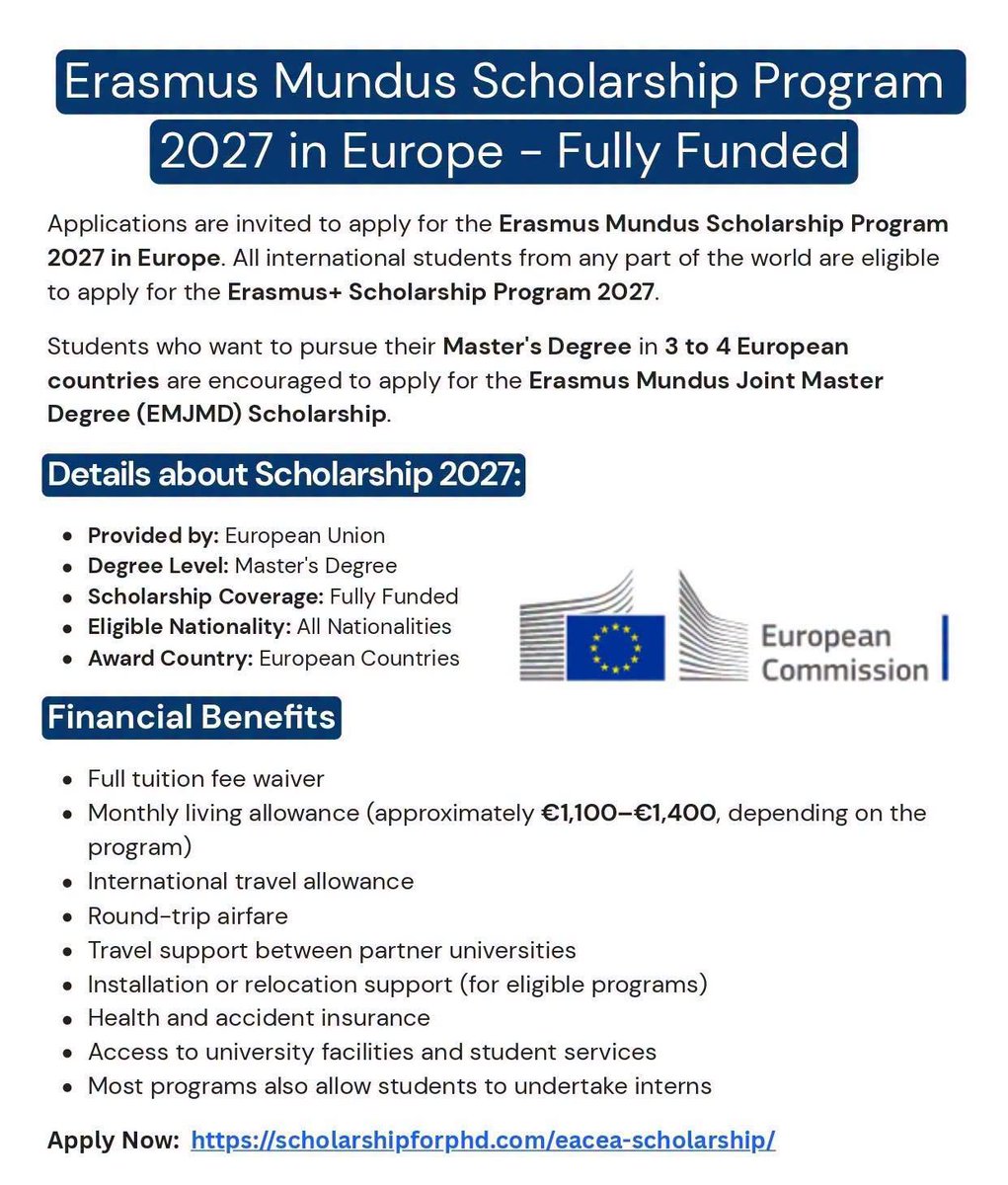 ScholarshipfPhd's tweet photo. Applications are Now Open!

Study for your Master's Degree in Europe with the Erasmus Mundus Scholarships 2027. Receive full financial support, study at multiple European universities, and earn a globally recognized degree.

Apply Now: https://t.co/rWaAylmfk2

- Open to all nationalities
- Fully Funded
- Master's Degree