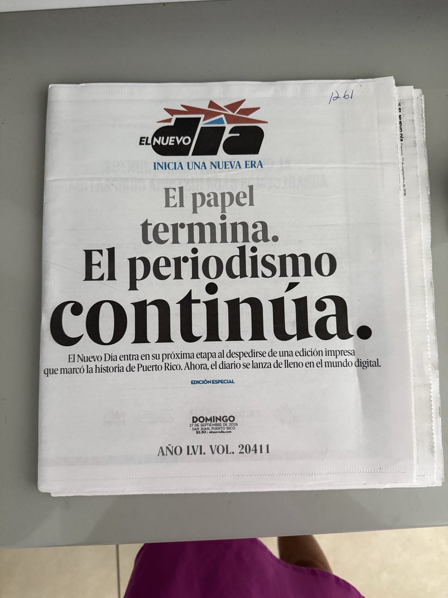 danicacoto's tweet photo. Today marks the last print edition of El Nuevo Día, Puerto Rico’s paper of record. It has printed 20,411 editions since 1970, including the day after Hurricane Maria struck. Reporters helped deliver the paper that day as the island reeled from the storm.

https://t.co/AOqeTzwzx8 https://t.co/28gxfamSby