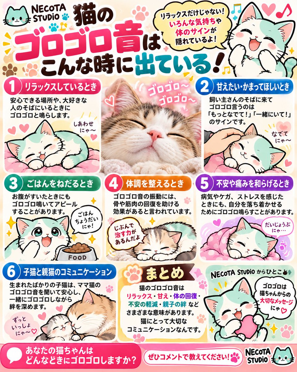 necota_studio's tweet photo. 猫の「ゴロゴロ」＝ご機嫌なときだけじゃない🐱💭
実は… 甘えたいとき、ごはんが欲しいとき、不安なときなど、いろんな場面でゴロゴロすることがあります。
知れば知るほど、猫っておもしろい🐾
みんなの猫ちゃんは、どんなときにゴロゴロする？👇
#猫 #猫好きさんと繋がりたい #猫のいる暮らし #猫の豆知識 #猫雑学 #NECOTASTUDIO