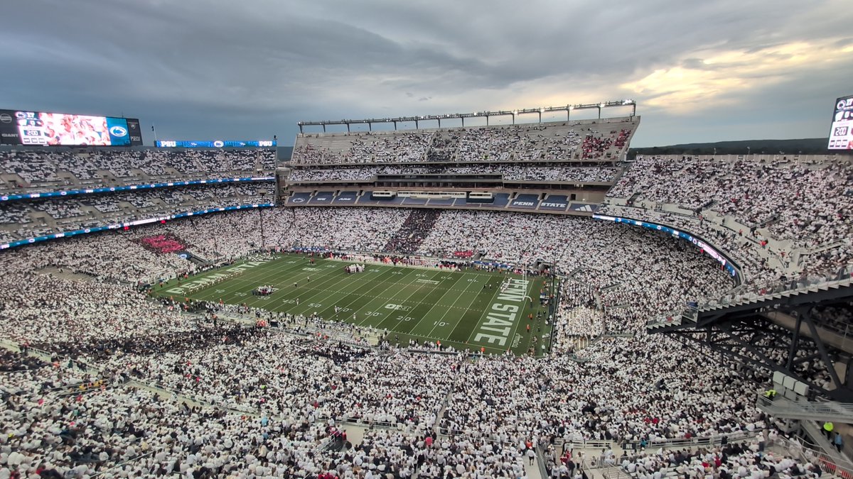 KalistaAndrew's tweet photo. Morning thoughts. 

These are pictures from the end of the first quarter (1) and second quarter (3). 

Penn State has a major problem. This is a night game against a conference opponent and there are visible patches of emptyness. 

Student section never filled in and they flooded out at halftime. 

And ticket prices are going up? This isn't a good look.

#pennstate #nittanylions