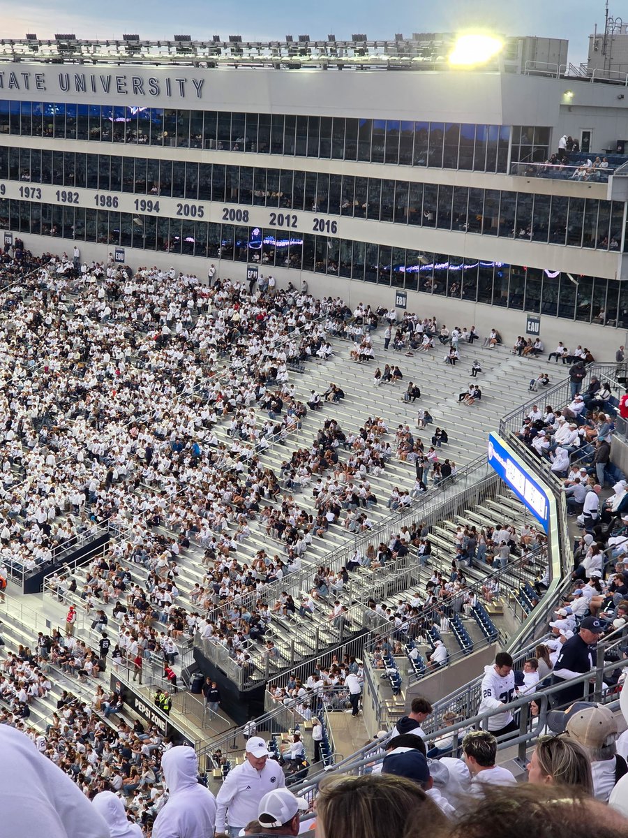 KalistaAndrew's tweet photo. Morning thoughts. 

These are pictures from the end of the first quarter (1) and second quarter (3). 

Penn State has a major problem. This is a night game against a conference opponent and there are visible patches of emptyness. 

Student section never filled in and they flooded out at halftime. 

And ticket prices are going up? This isn't a good look.

#pennstate #nittanylions