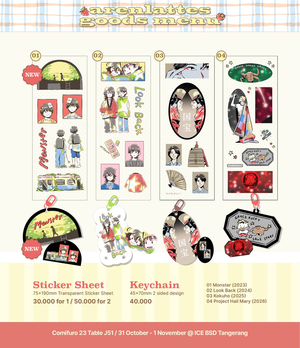 arenlattes's tweet photo. [｡𖦹🛸] arenlattes catalogue for #CF23 

🍅 Pickup ends 10 Oct
🪴 Comifuro 23 Table J51
🍓 Order form below

[ Original, Monster, Look Back, PHM, Aespa, Plave, ZB1, Dungeon Meshi, FMAB &amp; more … ]

1/2 https://t.co/LbOXkOAxeY