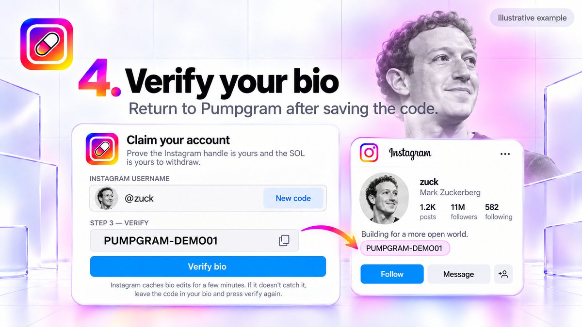 pumpgramsocial's tweet photo. 4. verify

back on pumpgram, press "verify bio". we read your public profile, find the code, and open a 30-day session.

instagram caches bio edits for a few minutes — if the first try misses, leave the code in and press verify again. you https://t.co/g8o9UYIvM4