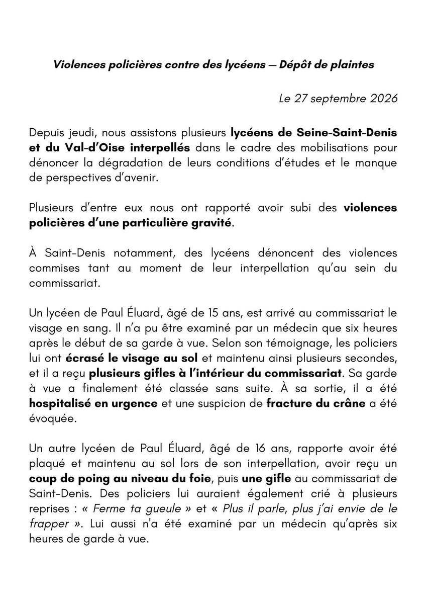 Elsa_Marcel's tweet photo. 🛑 Communiqué 🛑

Nous sommes plusieurs avocats à être intervenus auprès des lycéens gardés-à-vue à la suite de leurs mobilisations. Des violences d'une extrême gravité ont été commises au moment des interpellations ou à l'intérieur des commissariats. Ces pratiques scandaleuses participent d'une mécanique construite pour terroriser cette jeunesse des quartiers populaires.

Aussi, nous déposons plainte pour les faits identifiés et saisissons l'IGPN.