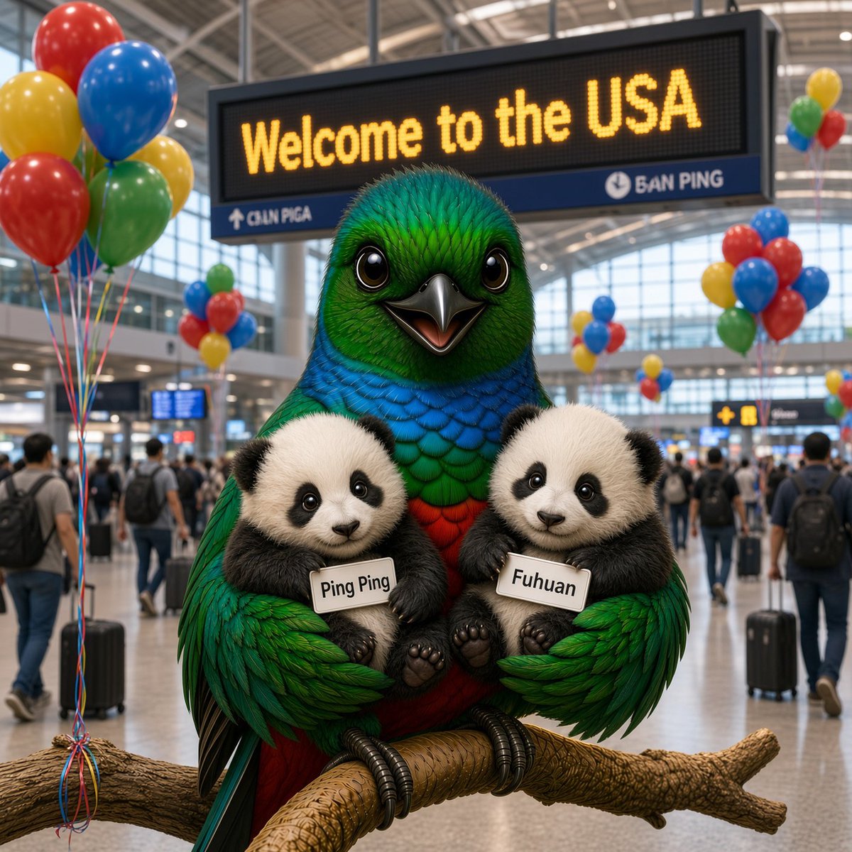 Guate_XRPL's tweet photo. @CNN Welcome to the USA Ping Ping and Fuhuan. https://t.co/C4DWa9yQr0