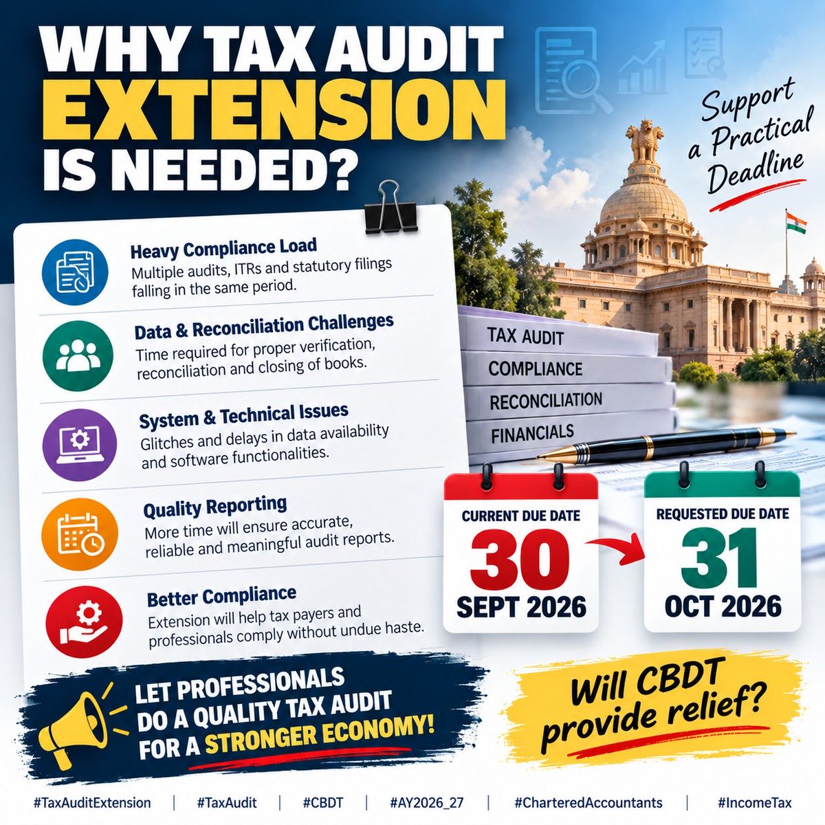 KushwahaSomkant's tweet photo. Tax Audit Extension is not just about more time—it’s about **quality, accuracy &amp; meaningful compliance.**

A practical deadline can ensure better reconciliation and better audit reporting. Will CBDT provide relief?

#TaxAuditExtension #TaxAudit #CBDT @nsitharaman @FinMinIndia https://t.co/7ZiBvhYdb6