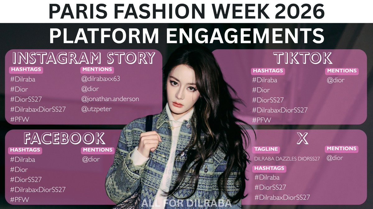 dlrbtrends's tweet photo. since #Dilireba is attending PFW as dior’s GBA, EMV is especially important

here’s a guide to the tags &amp; mentions we should use on key intl platforms to help maximize her  engagement

let’s work together, show our love &amp; support for reba! 💪

#DilrabaXDiorSS27 #Dilraba #DiorSS27 https://t.co/gdZwEL6j2Q