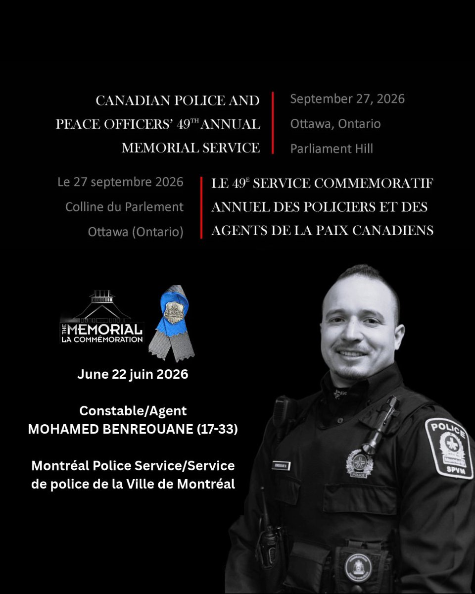 CPPOM's tweet photo. June 22 juin 2026
Constable/Agent
MOHAMED BENREOUANE (17-33)
Montréal Police Service
Service de police de la Ville de Montréal
 
#HeroesInLife
#HerosEnVie https://t.co/oeDH8rEGFx