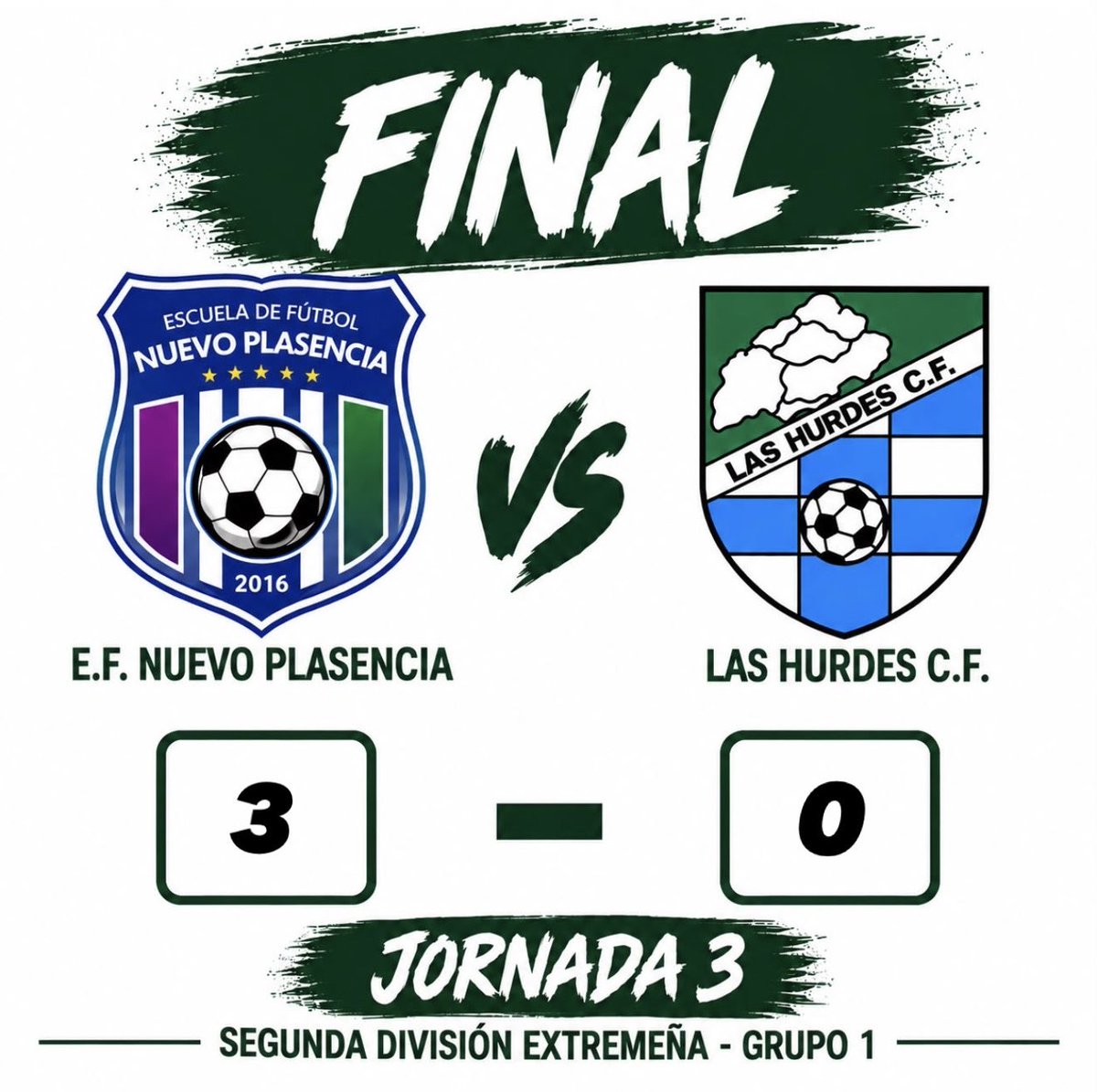 HurdesLas's tweet photo. Final del partido 

⌚️ 90’ 

Primera derrota de la temporada ante un fuerte rival

E.F Nuevo Plasencia 3️⃣🆚0️⃣ Las Hurdes C.F https://t.co/J34QPhXrrM