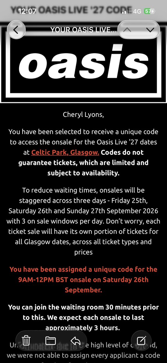 c11lyo's tweet photo. GUTTED and also slightly FUMING!!! 😡 My @oasis pre-sale code came in TODAY for pre-sale yesterday! Could cry 😭 😢 #oasis #oasis26 #celticpark #presale @liamgallagher https://t.co/aGKQso5uE1
