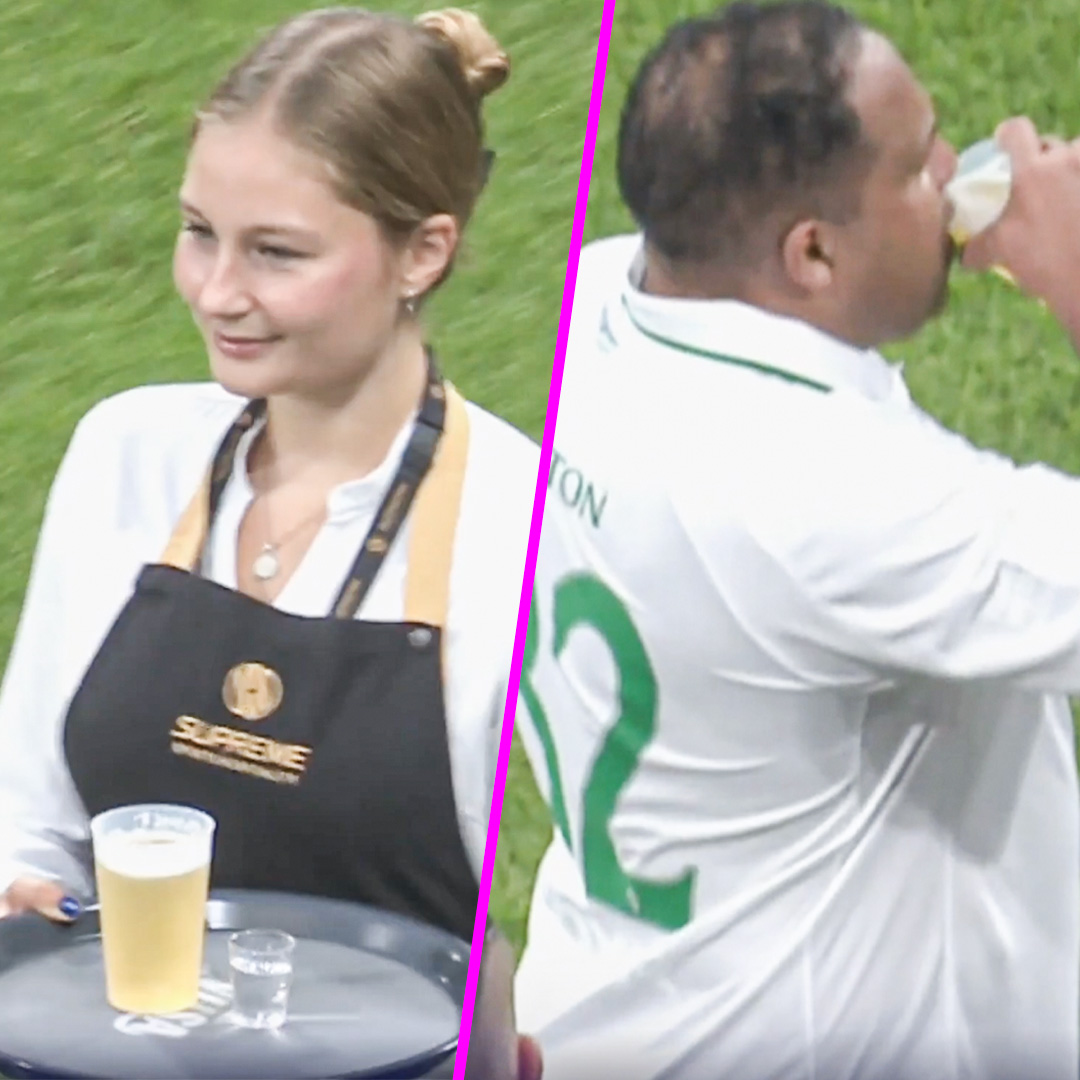 footballontnt's tweet photo. The hydration break during Werder Bremen vs Real Madrid legends match this weekend included a beer and a shot 🍻 https://t.co/bnRuIDLr12