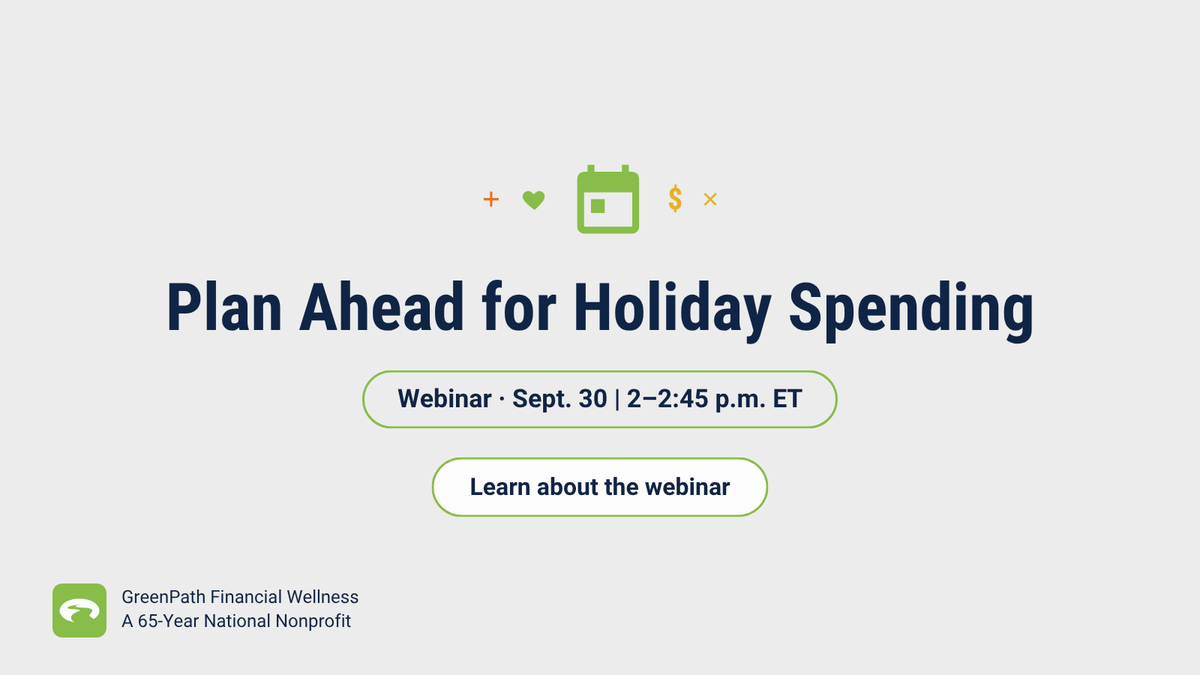 GreenPath's tweet photo. Holiday spending can sneak up quickly. Plan ahead with GreenPath on Sept. 30 from 2:00 to 2:45 p.m. ET.

Learn about the webinar: https://t.co/sfdNMg4jsT

#HolidayShopping https://t.co/BbwIukXNhL
