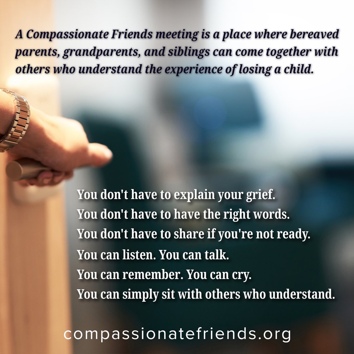 TCFofUSA's tweet photo. Whether your loss happened recently or many years ago, it is never too late to reach out for support. Find a local chapter today https://t.co/ttH7MxMnhl.

#TheCompassionateFriends #GriefSupport #YouNeedNotWalkAlone #BereavedParents #BereavedGrandparents #BereavedSiblings https://t.co/B3XiC9sFpH