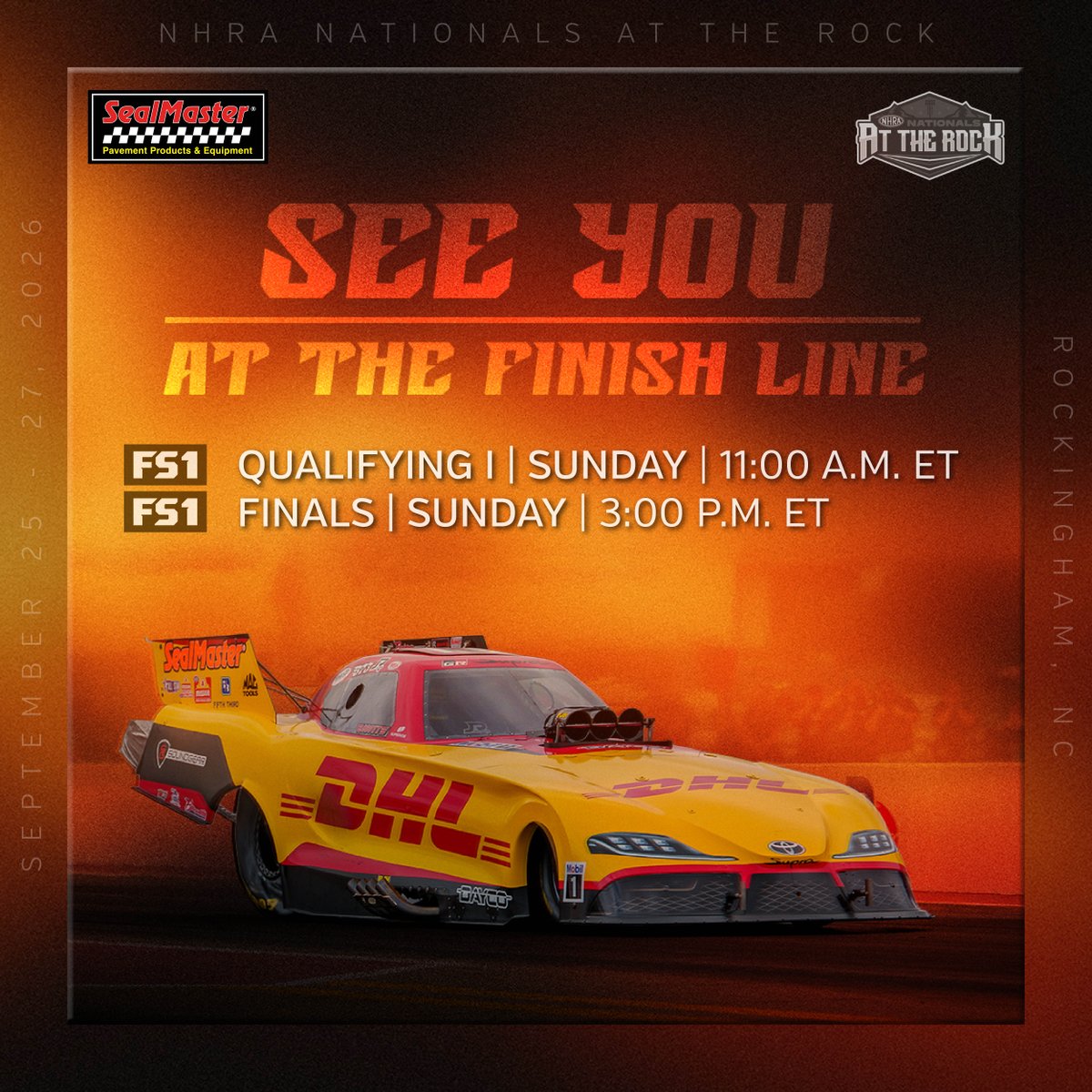 SealMasterNet's tweet photo. NHRA is back at The Rock! 🔥

@TeamKalitta heads to @therockdragway for the #NHRA Nationals at The Rock. Watch @Air_Doug, @ShawnLangdon333 and @JRTodd373 take on the historic track as the Countdown to the Championship continues. #RockinghamNats https://t.co/hMeEoiMdZR