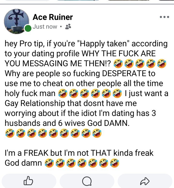 JungleJoshRobo's tweet photo. PSA, IF YOU SEE ME ON A DATING APP, IM NOT FUCKING INTERESTED IN HELPING YOU CHEAT, FUCKING STOP ASKING ME https://t.co/9fqUmy0bNE