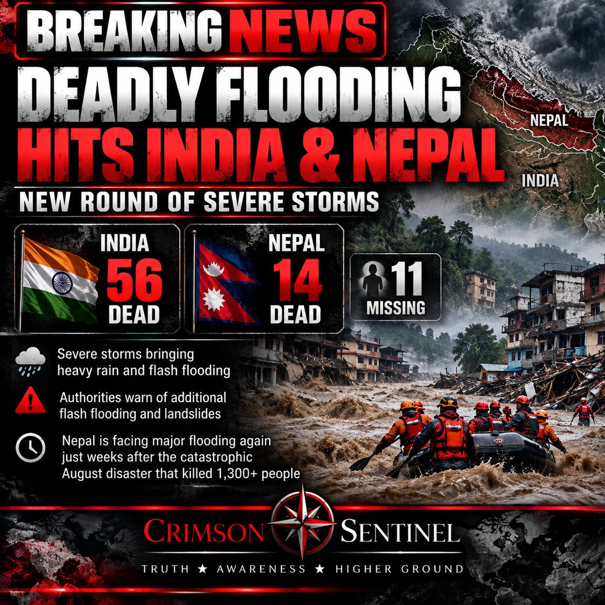 CrimsonSentinal's tweet photo. 🚨 BREAKING: DEADLY FLOODING STRIKES INDIA &amp; NEPAL.

A new round of severe storms has killed at least 70 people across the two countries, with others still missing.

More flash flooding is possible. 👇

#BreakingNews #Flooding #India #Nepal https://t.co/L89Wkv9x8k