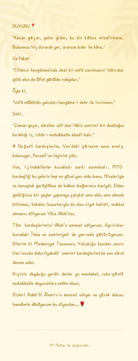 YaseminYLMZ28's tweet photo. #MTO Aileme;
#Van'dan ayrılışım dolayısıyla bir DUYURUDUR📍
Vakit tamam denince ilkin MTO'lu kardeşlerimin koşup elimden tutması, firâk deyince gözlerinden süzülen inciler ve burda bıraktığım kalbimin yarısıdır #MTO hakikatinin/mucizesinin kanıtı 💐
@yenisafakwriter https://t.co/vnD9EMvNk1