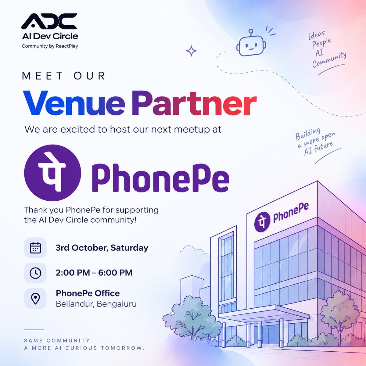 aidevcircle's tweet photo. Excited to announce @PhonePe as our Venue Partner for the upcoming AI Dev Circle by @ReactPlayIO  meetup! 🚀

📅 3rd October, Saturday
⏰ 2 PM to 6 PM
📍 PhonePe Office, Bellandur, Bengaluru

Seats are limited, so register ASAP! https://t.co/zrbpPxuLKn