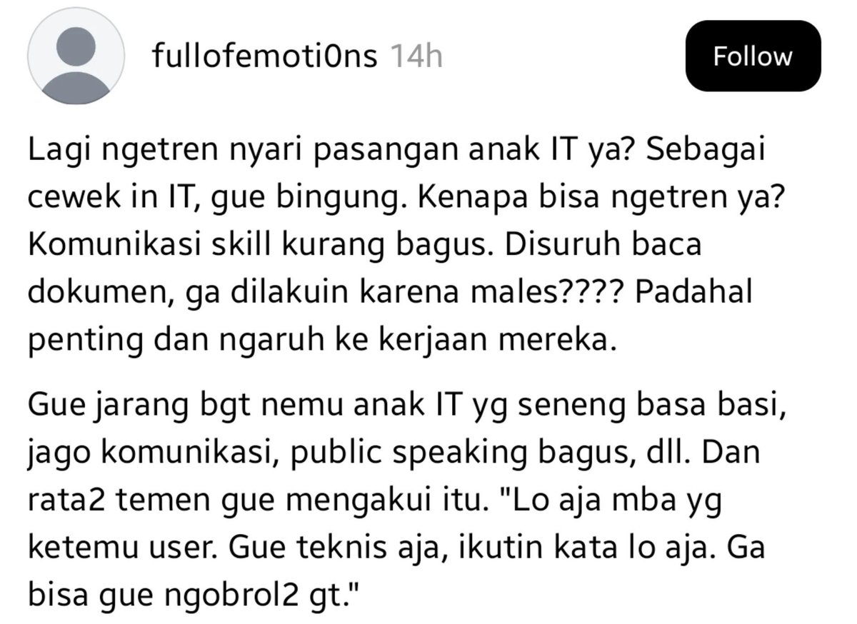 OfficerQuanrui's tweet photo. @OfficerVernonn Kak apa benar rumor di threāds kalau anak IT komunikasi jelek? https://t.co/bLpEP8oY8w