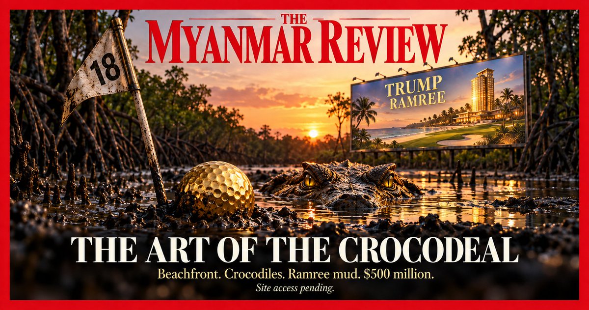HanzoYGN's tweet photo. New satire: Min Aung Hlaing pitches Trump a Ramree Island prison, a beachfront hotel, possibly mineral-rich mud, and the world's most patriotic crocodiles. 
🇺🇸 🇲🇲 #myanmar 🇲🇲 🇺🇸  

https://t.co/3Acabneq3B https://t.co/hNQeHJN1E3