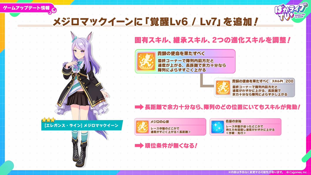 umamusume_GW's tweet photo. 【覚醒Lv7情報】
今回覚醒Lv7が追加されるウマ娘はメジロマックイーン！
新たな進化スキルはもちろん、既存の進化スキルや固有スキルも強化されて強力になっています！

▼ぱかライブのまとめはこちら
https://t.co/cBY0l0wqVw

#ウマ娘 #ぱかライブTV https://t.co/lcTd8RnC1s