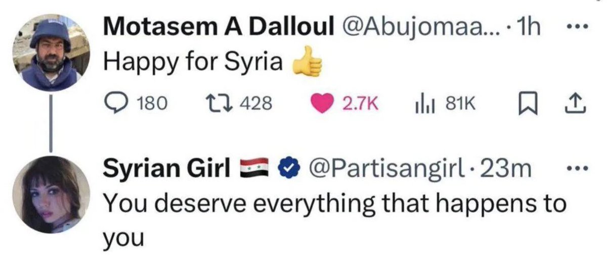 pakistanii32's tweet photo. Syrian Girl said this to Motasem, our beloved Palestinian journalist in Gaza.

Motasem's pregnant wife and 2 year old son were murdered by 'israel' together. Two more of his sons, sister and dozens of cousins, nephews and nieces were also murdered.

Assadists are disgraceful. https://t.co/qub1Vj0qwW