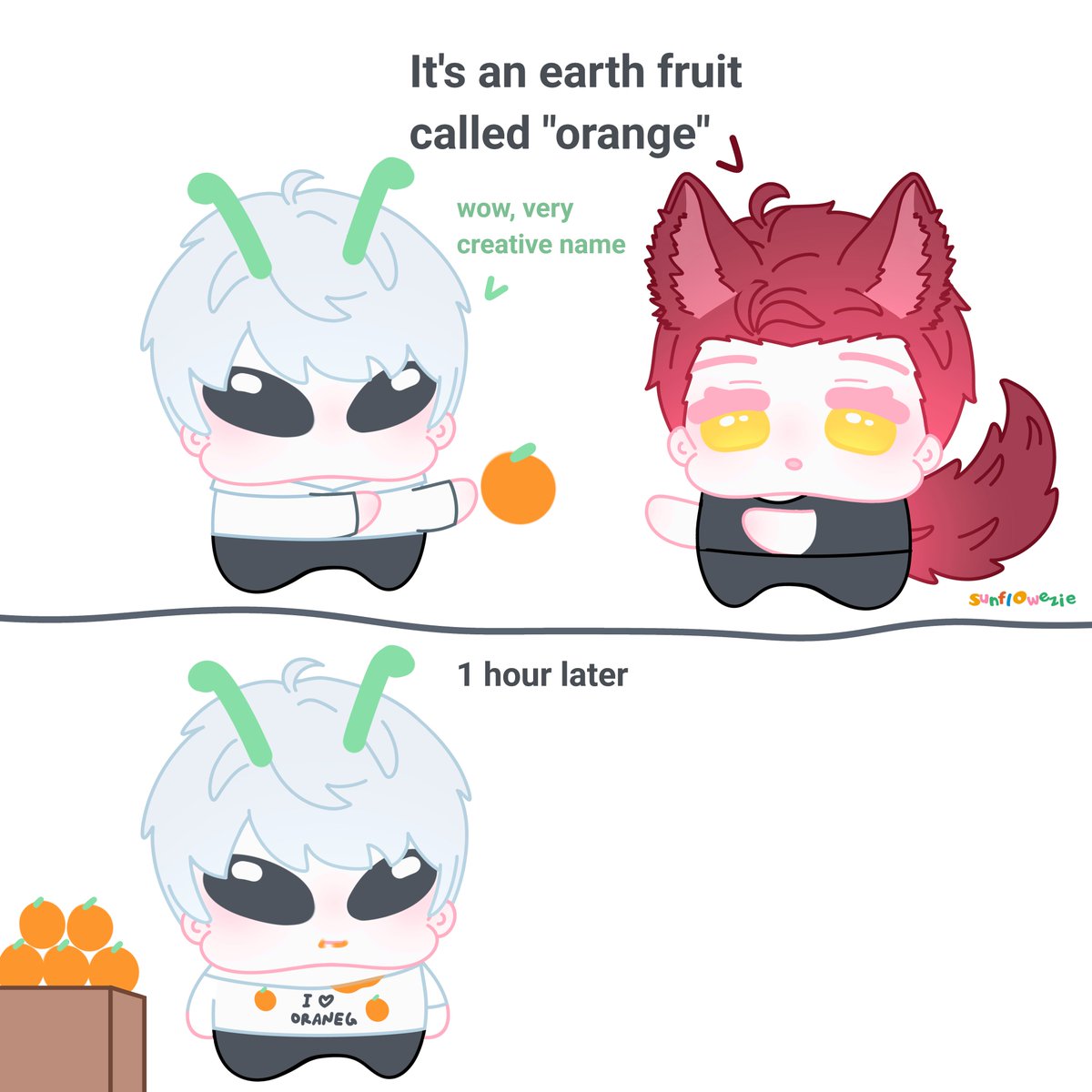 sunflowezie's tweet photo. alien #xavier loves his oranges from #valko !! 🍊👽🐺💛 https://t.co/Tljw2mMGxi