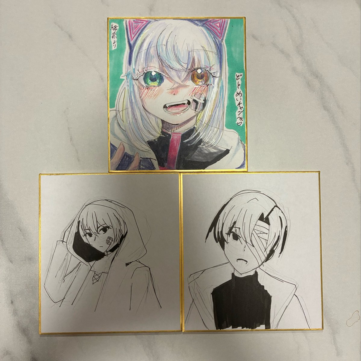 DOUMEI_B's tweet photo. キャラバンで貰った創作の色紙たち……🥹本当に神すぎる〜ありがとうございます家宝にします😭🙏💕 https://t.co/1OesnFDbRa