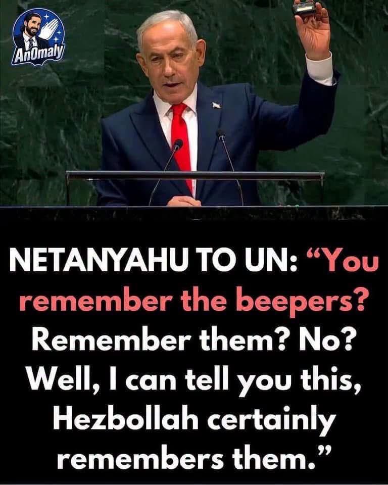 alextopol's tweet photo. DEFINITION OF TERRORISM 

I wonder if the share in Apple stock declined  after Netanyahu address to UN when while holding a pager at the podium, he asked the assembly, "Remember the beepers?"—referring to the 2024 covert operation that targeted Hezbollah's communication devices. https://t.co/Ew2wMPW51L