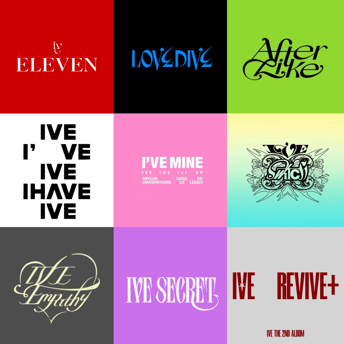 DiveBasee's tweet photo. IVE EP/Album logo designs through each eras. New : 'LOOKS CAN KILL. 

What's your favorite IVE era so far? https://t.co/BpdGwzr8gF