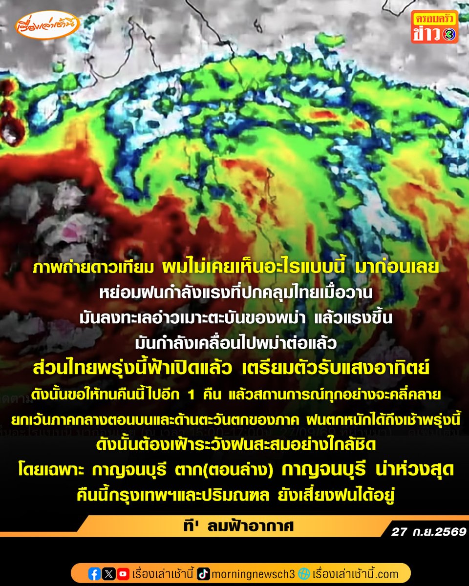 MorningNewsTV3's tweet photo. เพจ ที ลมฟ้าอากาศ โพสต์ระบุว่า “ภาพถ่ายดาวเทียม ผมไม่เคยเห็นอะไรแบบนี้ มาก่อนเลย (ณ เวลา 15:00-17:00น. 27/09/69 ที่ผ่านมา)

หย่อมฝนกำลังแรงที่ปกคลุมไทยเมื่อวาน มันลงทะเลอ่าวเมาะตะบันของพม่า แล้วแรงขึ้น มันกำลังเคลื่อนไปพม่าต่อแล้ว #ใครที่มีพี่น้องฝากแจ้งเตือนเขาด้วย มนุษย์โลกด้วยกัน

ส่วนไทยพรุ่งนี้ฟ้าเปิดแล้ว เตรียมตัวรับแสงอาทิตย์

"ดังนั้นขอให้ทนคืนนี้ไปอีก 1 คืน แล้วสถานการณ์ทุกอย่างจะคลี่คลาย"
#ยกเว้นภาคกลางตอนบนและด้านตะวันตกของภาคที่ฝนตกหนักได้ถึงเช้าพรุ่งนี้ ดังนั้นต้องเฝ้าระวังฝนสะสมอย่างใกล้ชิด โดยเฉพาะ กาญจนบุรี ตาก(ตอนล่าง)
กาญจนบุรี น่าห่วงสุด เนื่องจากมีหลายพื้นที่เจอฝนตกหนักมากสะสม ทะลุ 200มิลลิเมตร แล้ว
#คืนนี้กรุงเทพฯและปริมณฑลยังเสี่ยงฝนได้อยู่
"ภาวนาให้ไม่ตกหนักนะ"
#ส่วนภาคตะวันออกฝนจะเริ่มลดลงหลังเที่ยงคืน

#เรื่องเล่าเช้านี้ #ครอบครัวข่าว3 #ข่าวสังคม #น้ำท่วม