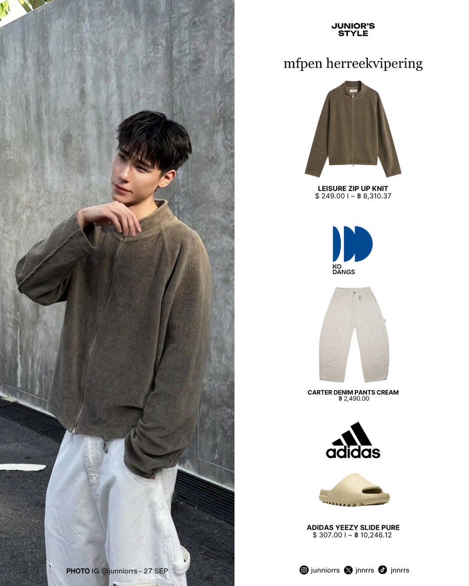 juniorstylestat's tweet photo. JUNIOR PANACHAI with mfpen herreekvipering, KODANGS, and adidas
( #junniorrstyle, #junniorrs )
#mfpen
- leisure zip up knit
#KODANGS
- CARTER DENIM PANTS CREAM
#ADIDAS
- adidas Yeezy Slide Pure https://t.co/4EigGEiR67